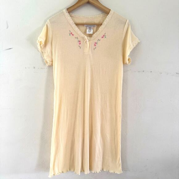 Earth Angel Ribbed Dress Embroidered Floral Lettuce Hem Butter Yellow Medium - Picture 1 of 10